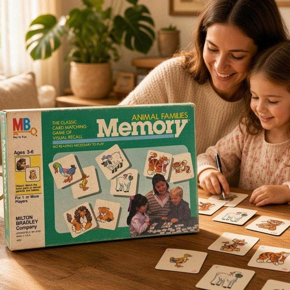 Vintage 1986 Milton Bradley Animal Families Memory Game 72 Cards Complete Retro